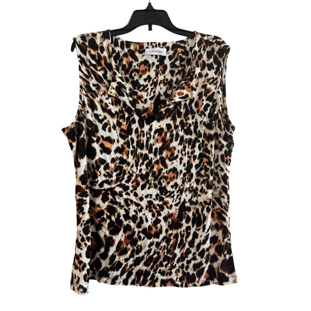 Calvin Klein Sleeveless Womens Top  Polyester Spandex Animal Print Collared Styl